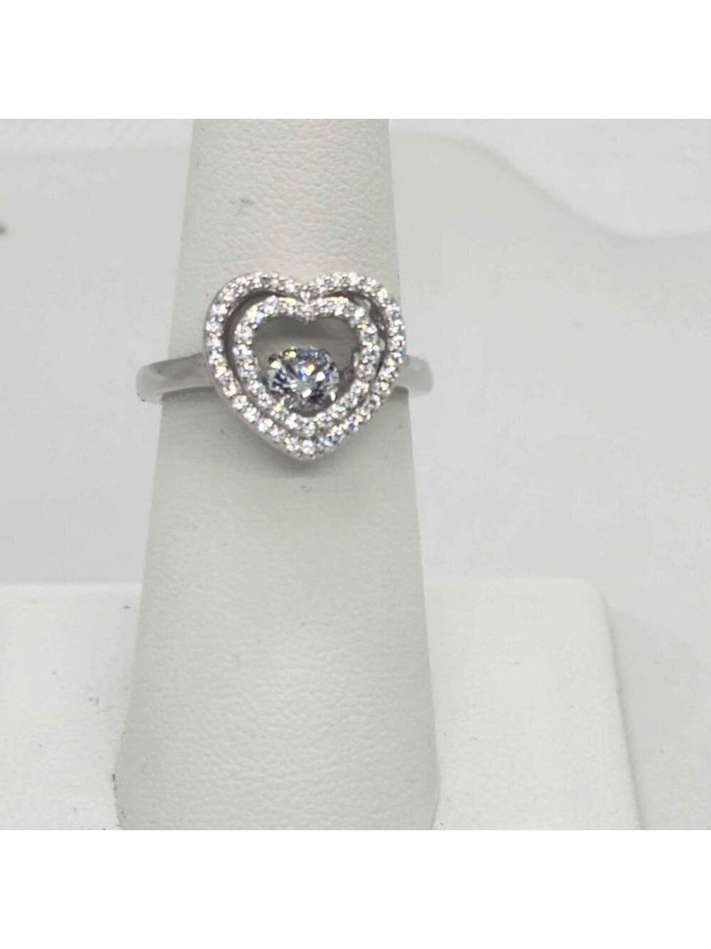 Brand New   Sterling Silver 925 Double Heart Dancing Stone Ring